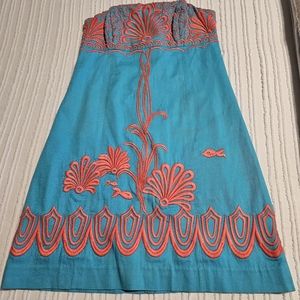 Lily Pulitzer Strapless Dress adorable turquoise with coral embroidery